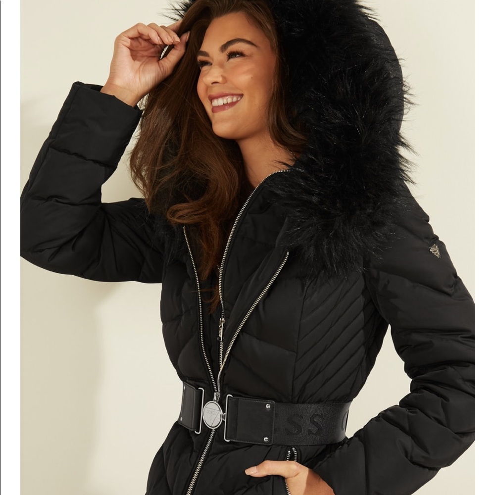 Guess Sofia Belted Longline Coat Jet Black - Picture 5 of 14